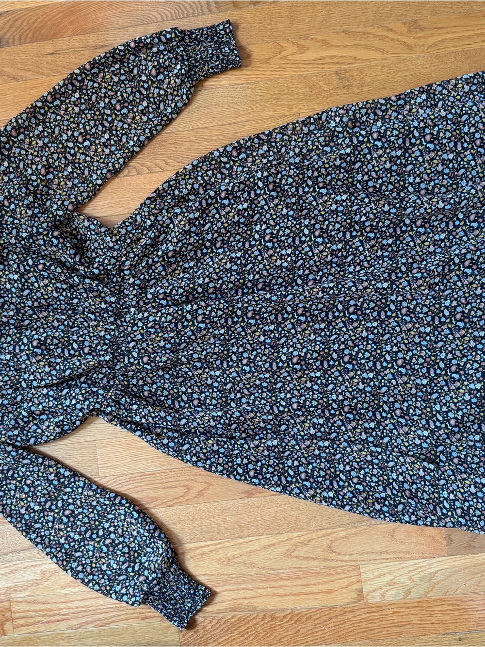 Madewell Black Floral Long Sleeve Dress with Blue & Green Print